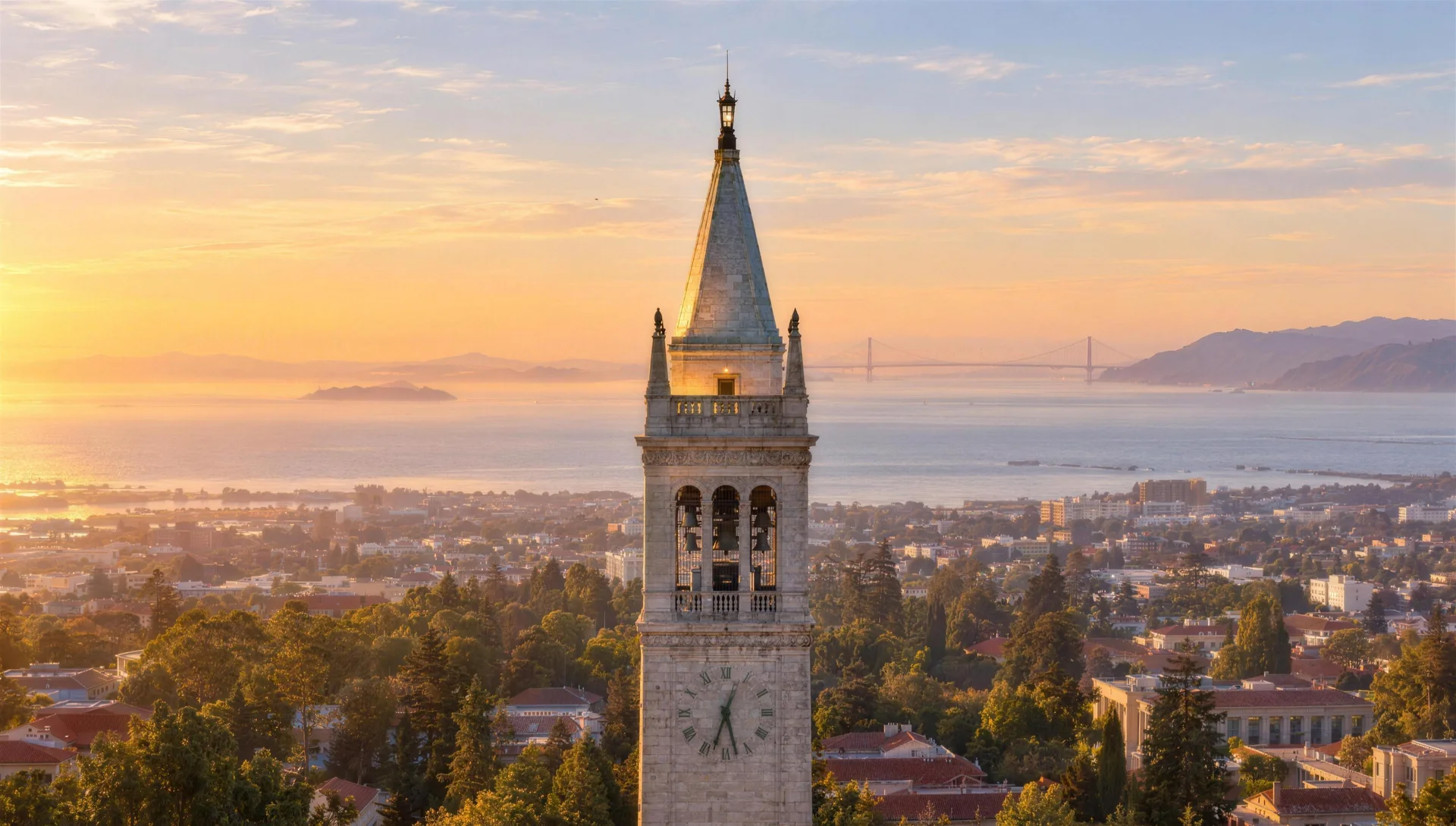 The Campanile at golden hour, rising above the Berkeley campus with San Francisco Bay and the Golden Gate Bridge beyond.